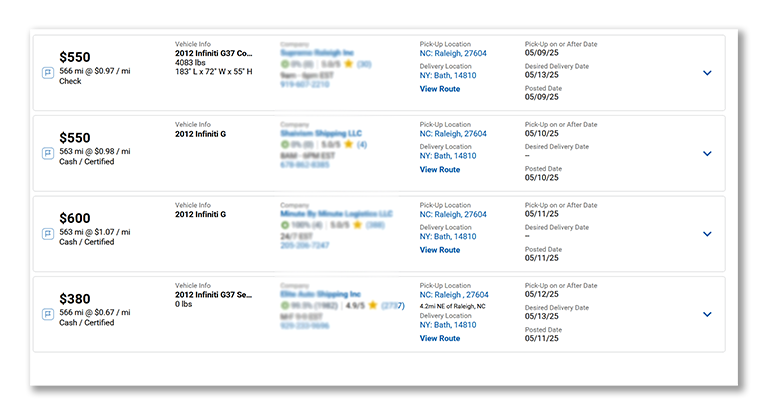 Duplicate broker listings for the same vehicle showing different payout rates.
